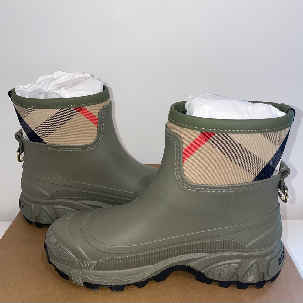 Burberry Olive Green Rubber Ankle Boots with Beige Check Trim